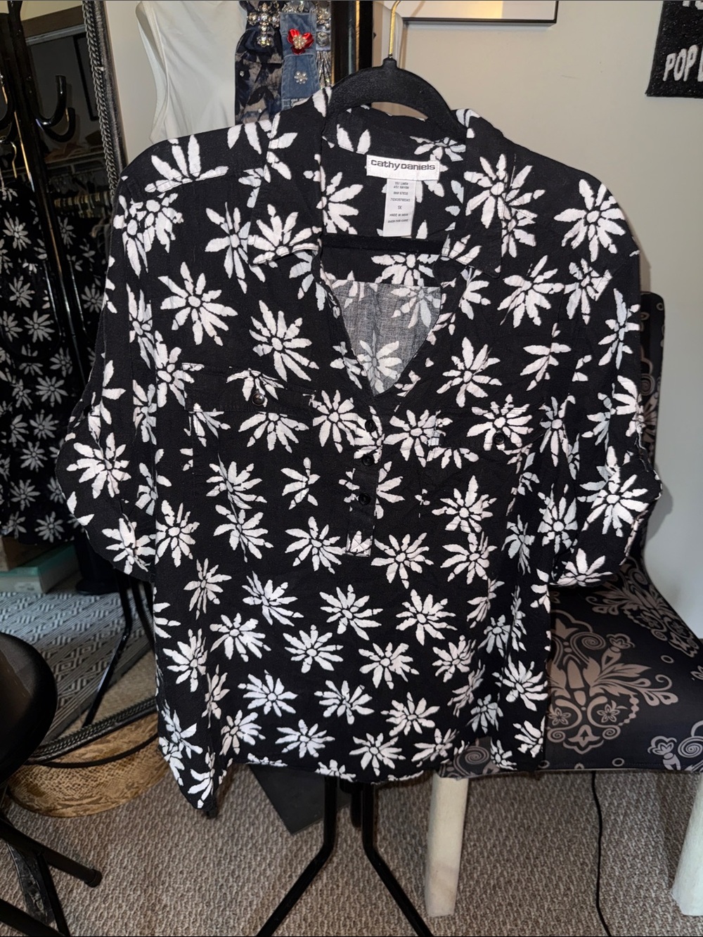 Cathy Daniels Black Blouse with White Floral Print